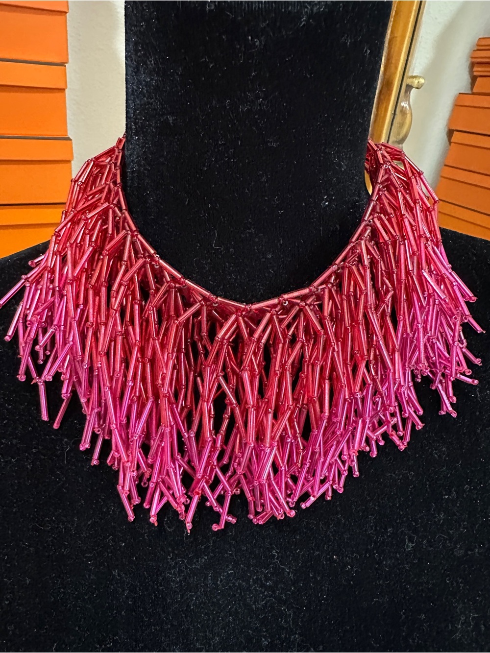 Statement Ombre Pink Red Bugle Bead Fringe Bib Necklace
